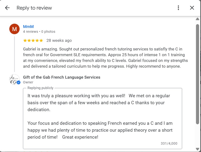 Client review: Approx 25 hours of intense 1-on-1 training elevated French to C level for Government SLE oral requirements